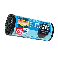 Мешки для мусора 120 л, с ушками, черные, в рулоне 30 шт., ПНД, 15 мкм, 1100х700 мм, Крепак, 4607075710375 в Невинномысске